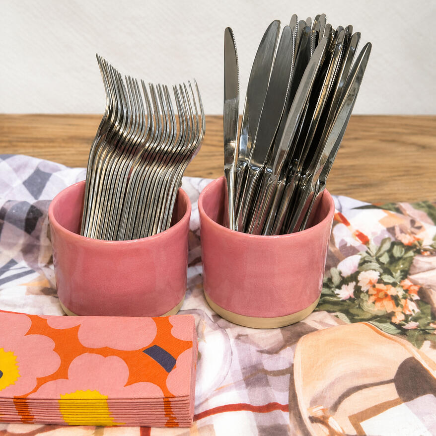 Rhubarb Cutlery Holder $40 each · 11 cm · 2 in stock Hand-thrown cups in a rhubarb-pink glaze.