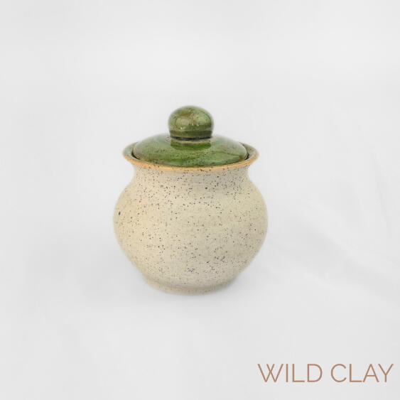 Greenstone Jar $48 | 9cm H | 1 Available Jar with a crackle greenstone lid, and interior on a white speckled stoneware clay.