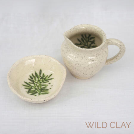 Olive Milk & Sugar set $55.00 | 1 set available Bowl 11w by 2.5 high | Jug 225ml Hand painted on white speckle clay.